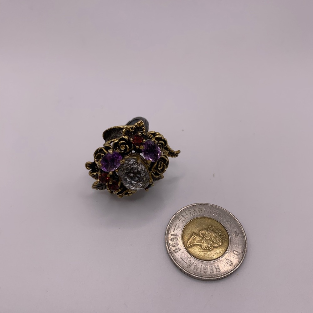 Handmade Sterling Silver Gold-Plated Rutilated Amethyst Garnet Ring" - Picture 7 of 8